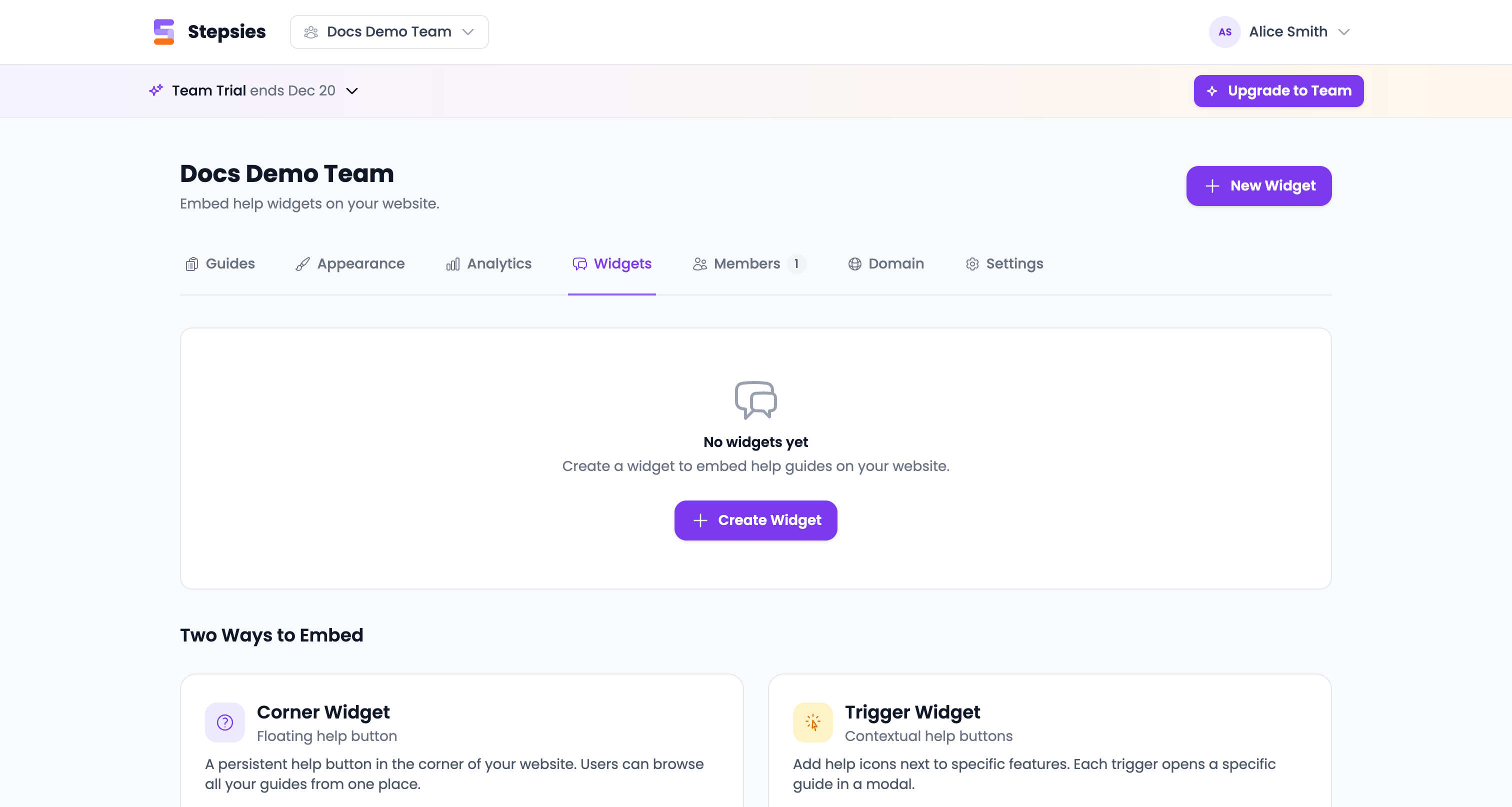 Widgets dashboard showing widget list and two ways to embed section